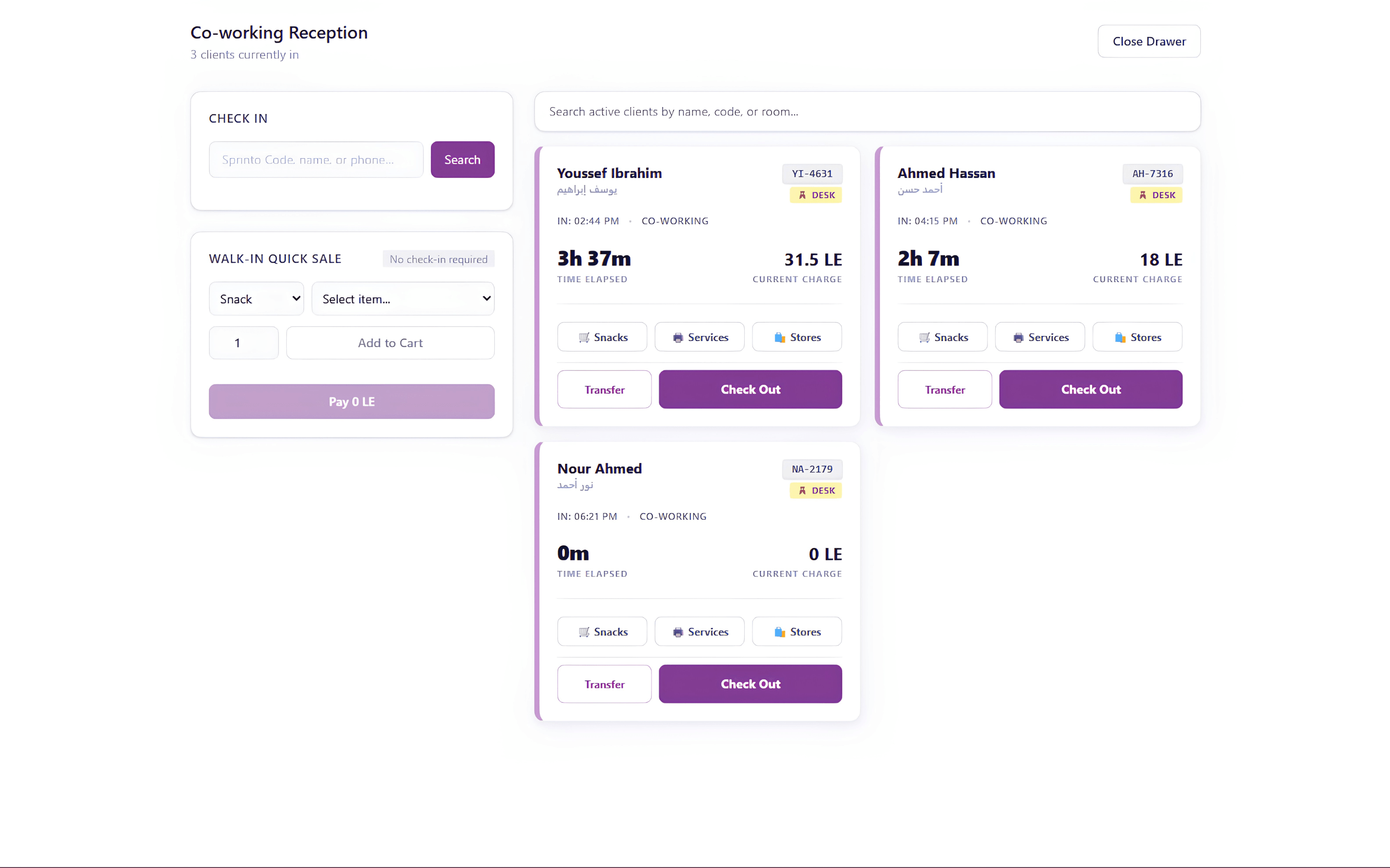 Kinverno co-working reception with active clients, elapsed time, and checkout actions