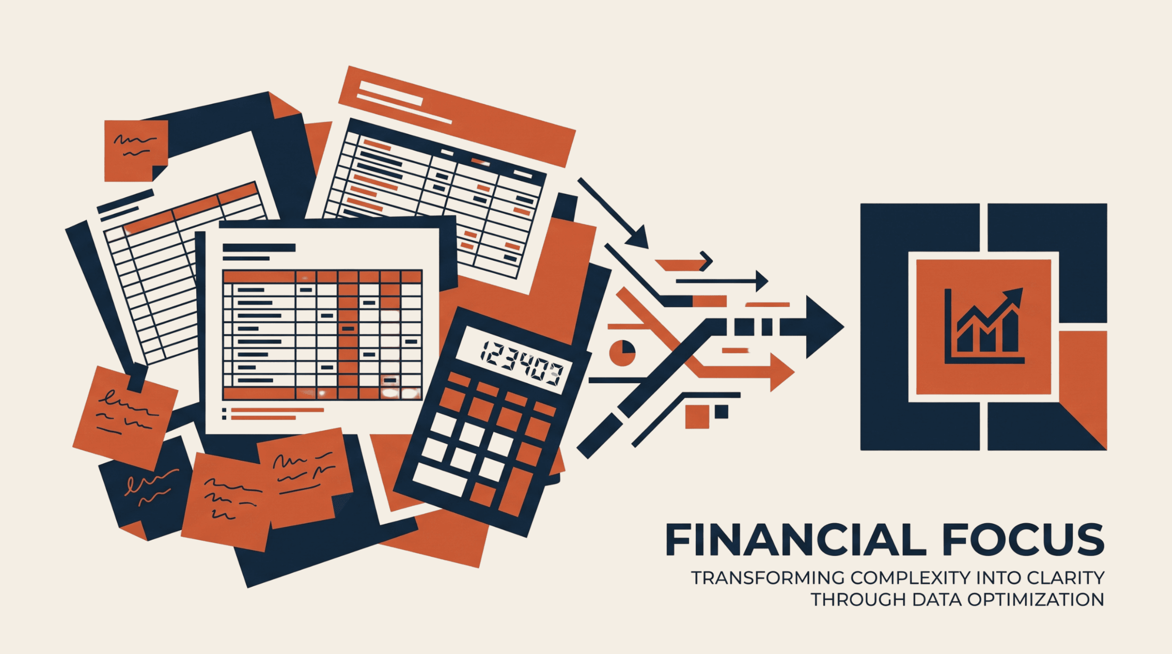 Illustration of scattered financial records becoming one clear business view